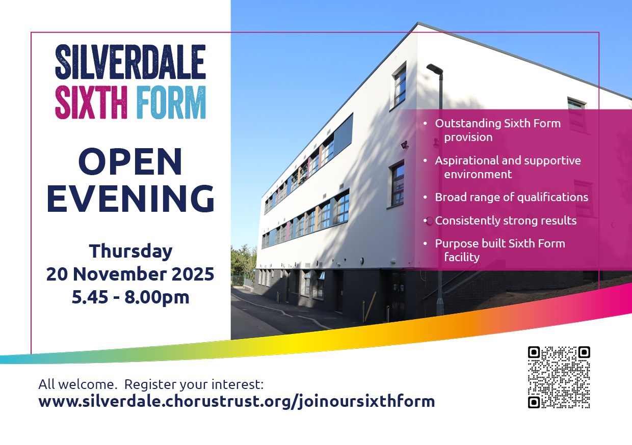 Advert for Sixth Form open evening on 20 November 2025, 5.45 - 8.00pm and link to booking site